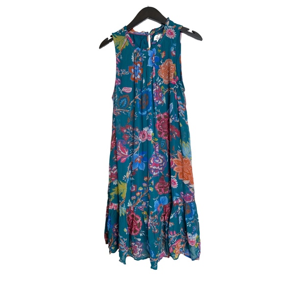 Anthropologie Dress Size Medium Sleeveless Teal+Floral Lined Flowy - Picture 1 of 9